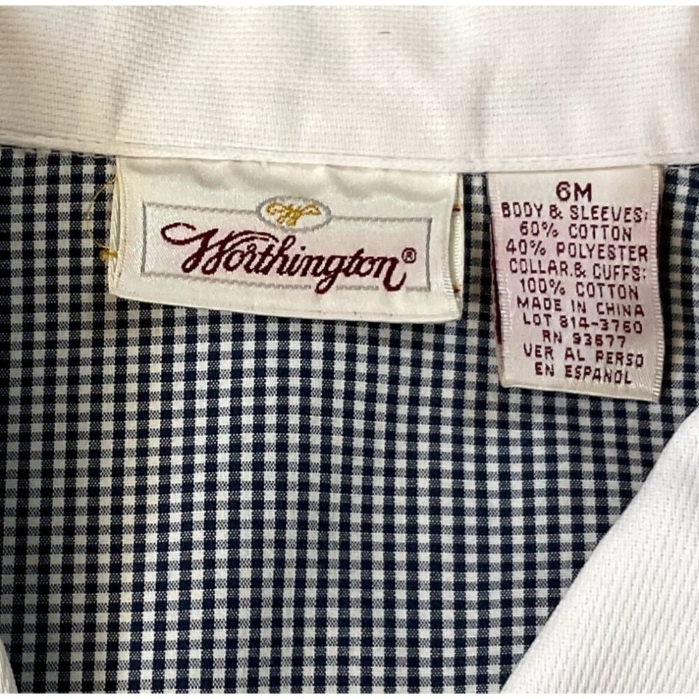 Vtg Worthington Checkered Flip Cuff Blouse Sz 6M Shoulder Pads Office Workwear - Picture 4 of 4